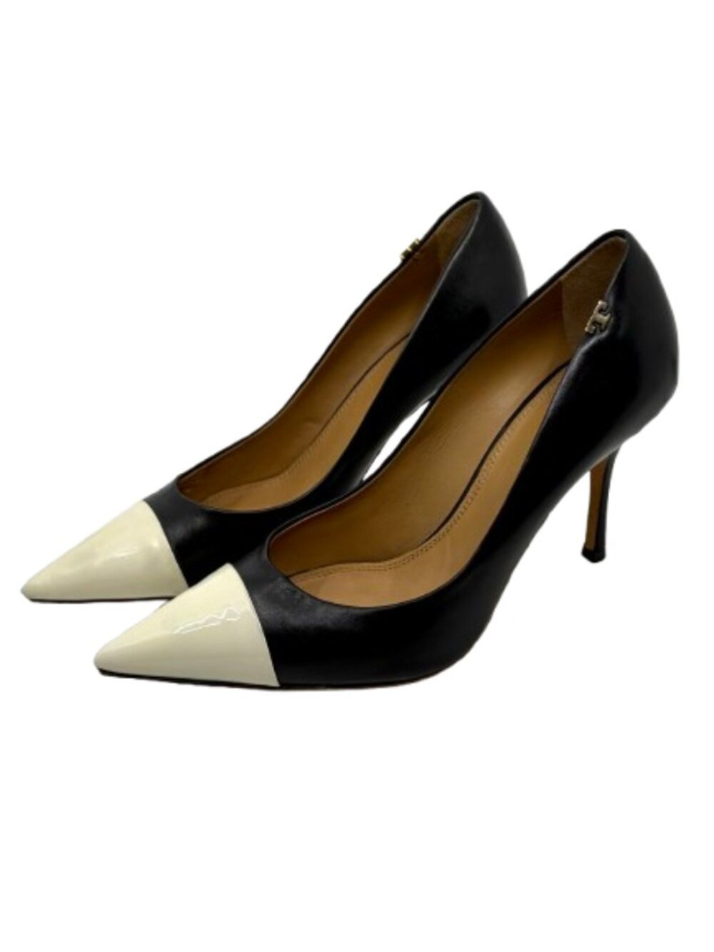 TORY BURCH~Penelope 85mm Cap-Toe Pumps - Black & Ivory Calf Leather Size 7.5